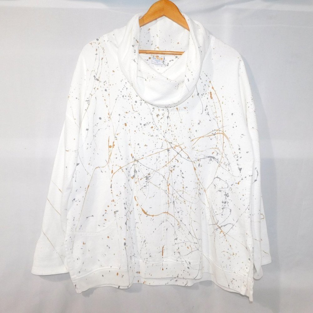 Sea Breeze of California White Gold Silver Paint Splatter Cowlneck Top Womens L